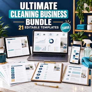 Ultimate Cleaning Business Bundle Canva Templates, Cleaner Business System, 21 Editable Client Team Operations Tools