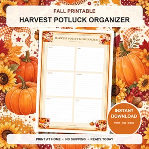 Op de afbeelding: Een printbaar oogst-potluck-organisatieblad met een herfstthema-rand met pompoenen, zonnebloemen en herfstbladeren. Het document bevat secties voor gast, gerecht, portie, allergie, recept en notities met de tekst Harvest Potluck Organizer.
