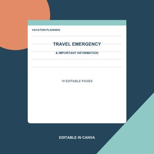 Op de afbeelding: Een wit digitaal documentsjabloon met de tekst VACATION PLANNING, TRAVEL EMERGENCY & IMPORTANT INFORMATION en 18 EDITABLE PAGES. Het document bevat horizontale lijnen en is op een donkere achtergrond gemarkeerd als EDITABLE IN CANVA.