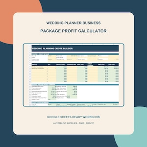 以下が含まれることがあります： Wedding Planner Business Package Profit CalculatorおよびWedding Planning Quote Builderというタイトルのデジタルスプレッドシートテンプレート。インターフェースには、サービス、数量、時間、経費、コストの列があり、利益分析のための要約セクションが含まれています。