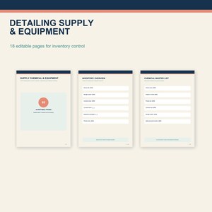 Op de afbeelding: Een digitale documentenset getiteld DETAILING SUPPLY & EQUIPMENT met 18 bewerkbare pagina's voor voorraadbeheer. Het bevat drie paginalay-outs: SUPPLY CHEMICAL & EQUIPMENT, INVENTORY OVERVIEW en CHEMICAL MASTER LIST met lege invoervelden.