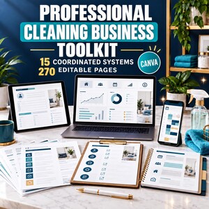 Cleaning Business Bundle Canva Templates, Professional Cleaner Toolkit, Editable Client Team Operations Forms