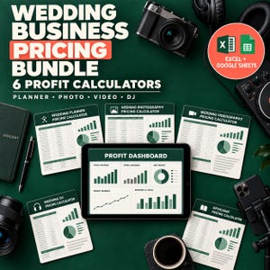 May include: A digital wedding business pricing bundle featuring six profit calculators for planners, photographers, videographers, DJs, and officiants. The set includes a tablet displaying a profit dashboard, printed calculator sheets, and icons for Excel and Google Sheets.