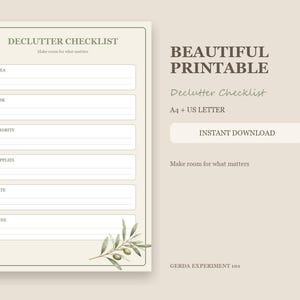 Op de afbeelding: Een beige printbare opruimchecklist met de tekst DECLUTTER CHECKLIST en Make room for what matters. Het bevat velden voor Area, Task, Priority, Supplies, Date en Done, versierd met een aquarelillustratie van een olijftak.