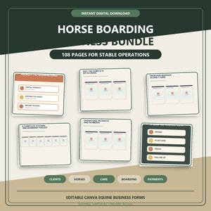 Op de afbeelding: Een digitaal businesspakket voor paardenpension met 108 pagina's voor stalbeheer. De afbeelding toont diverse documentsjablonen, waaronder workflows voor intake, verzorging, tracking en opvolging, die allemaal bewerkbaar zijn in Canva.