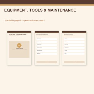 Może przedstawiać: Zestaw trzech cyfrowych szablonów dokumentów dla firmy zajmującej się czyszczeniem przewodów wentylacyjnych suszarek, z tekstem EQUIPMENT, TOOLS & MAINTENANCE, 18 editable pages for operational asset control, Operations Asset Overview oraz Equipment Inventory.