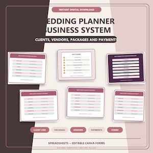 Op de afbeelding: Een digitaal sjabloon voor een trouwplanner-bedrijfssysteem met tekst die Wedding Planner Business System, Clients, Vendors, Packages and Payments, What's Inside en One Connected Wedding Workflow leest, inclusief diverse tabellen.