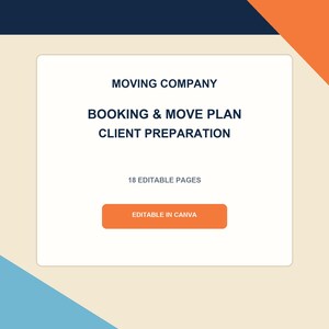 Op de afbeelding: Een digitaal documentsjabloon getiteld MOVING COMPANY BOOKING & MOVE PLAN CLIENT PREPARATION. De witte rechthoekige lay-out bevat donkerblauwe tekst, de zin 18 EDITABLE PAGES en een oranje knop met EDITABLE IN CANVA.