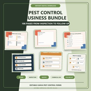 May include: A digital pest control business bundle featuring 108 pages of editable forms for inspection and follow-up. The graphic displays text including PEST CONTROL BUSINESS BUNDLE, 108 PAGES FROM INSPECTION TO FOLLOW-UP, and various workflow steps like capture details, plan the job, track the work, and hand over.