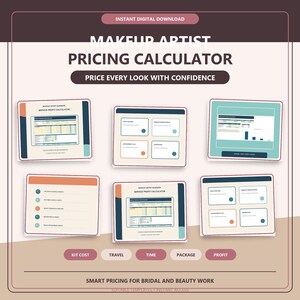 Op de afbeelding: Een digitaal prijscalculatorsjabloon voor visagisten met meerdere schermen die winstcalculators, dashboards en afsprakenlogboeken tonen. Het ontwerp gebruikt een zacht kleurenpalet met tekst waaronder Makeup Artist Pricing Calculator, Price Every Look With Confidence en Smart Pricing For Bridal And Beauty Work.