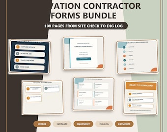 May include: An excavation contractor forms bundle featuring 108 pages of digital templates. The graphic displays workflow steps, form titles, and service categories like intake, estimate, equipment, dig log, and payments in a clean layout.