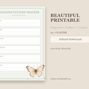 Op de afbeelding: Een printbaar migraine-patroonvolgsysteem met de tekst MIGRAINE PATTERN TRACKER, Grow slowly, bloom fully, en velden voor datum, start, trigger, intensiteit, verlichting en notities, versierd met een beige vlinderillustratie.