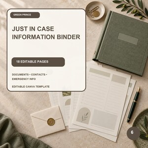 Op de afbeelding: Een saliegroene informatieband met 18 bewerkbare pagina's, een crèmekleurige envelop met een gouden waszegel en een zwarte vulpen. De tekst luidt Green Prince, Just In Case Information Binder, 18 Editable Pages, Documents, Contacts, Emergency Info en Editable Canva Template.
