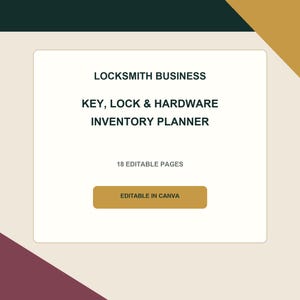 May include: A digital inventory planner for a locksmith business featuring the text LOCKSMITH BUSINESS, KEY, LOCK & HARDWARE INVENTORY PLANNER, 18 EDITABLE PAGES, and a gold button labelled EDITABLE IN CANVA on a cream background with dark accents.