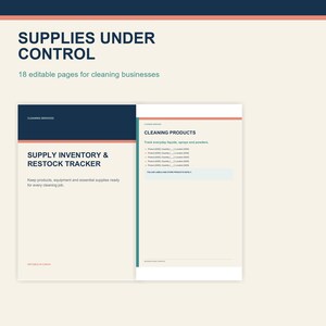 Może przedstawiać: Cyfrowy zestaw dokumentów zatytułowany SUPPLIES UNDER CONTROL z 18 edytowalnymi stronami dla firm sprzątających. Zawiera narzędzie do śledzenia zapasów i uzupełniania towarów oraz stronę produktów czyszczących z polami.