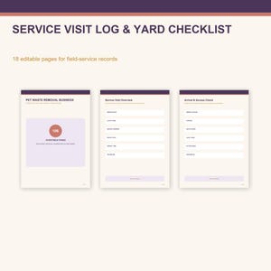 以下が含まれることがあります： SERVICE VISIT LOG & YARD CHECKLISTというタイトルのデジタル文書で、フィールドサービス記録用の18の編集可能なページが含まれています。ペットの排泄物除去ビジネス、訪問概要、到着およびアクセスチェックのセクションを含む3つのページプレビューが表示されています。