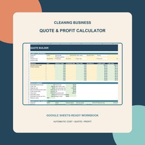 Op de afbeelding: Een digitaal spreadsheet-sjabloon getiteld Cleaning Business Quote & Profit Calculator. De interface bevat een Quote Builder-sectie met velden voor klantgegevens, servicehoeveelheden, arbeidskosten en een overzicht van geschatte omzet en winst.