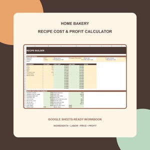 Op de afbeelding: Een digitaal spreadsheet getiteld Home Bakery Recipe Cost & Profit Calculator. De interface bevat een Recipe Builder-sectie voor ingrediënten, hoeveelheden en kosten, plus een overzicht van kosten en prijzen. Een Google Sheets-werkmap.