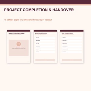 Op de afbeelding: Een digitale documentenset getiteld PROJECT COMPLETION & HANDOVER met 18 bewerkbare pagina's voor hekwerkprojecten. Drie sjablonen worden getoond, waaronder een voorblad, een projectoverzicht en een formulier voor acceptatie door de klant.