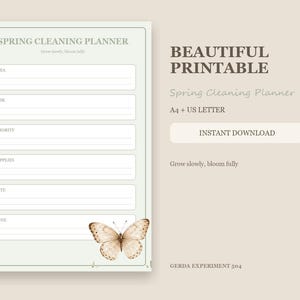Op de afbeelding: Een printbare voorjaarsschoonmaakplanner met een lichtgroene rand, gelinieerde secties voor gebied, taak, prioriteit, benodigdheden, datum en voltooid, en een vlinderillustratie. Tekst: "SPRING CLEANING PLANNER", "Grow slowly, bloom fully", "A4 + US LETTER".