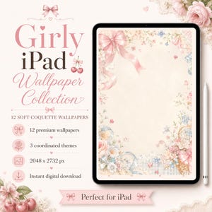 Può includere: Un tablet digitale che mostra uno sfondo con nastri rosa, fiori e un cestino. Il testo recita: Girly iPad Wallpaper Collection, 12 soft coquette wallpapers, 12 premium wallpapers, 3 coordinated themes, 2048 x 2732 px, instant digital download.
