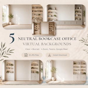 Neutral Bookcase Office Virtual Backgrounds | 5 Clear + 5 Blurred 4K JPGs for Zoom, Teams & Google Meet