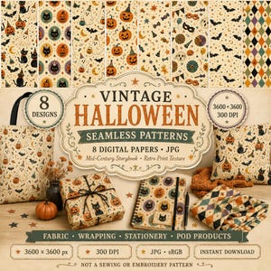 Bundle Pattern Halloween Seamless, 8 Carte Digitali Vintage JPG, Fantasmi Zucche Gatti Neri, Uso Commerciale