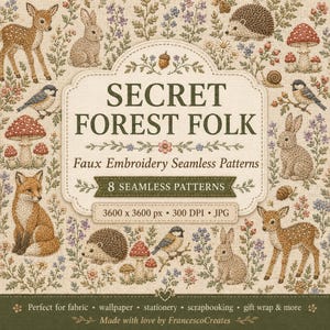 Secret Forest Folk pattern seamless effetto ricamo | 8 carte digitali JPG cottagecore woodland | funghi lumache riccio