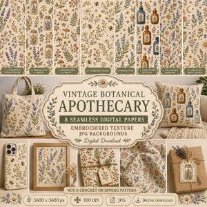 Pattern botanici vintage effetto ricamo, 8 carte digitali apothecary JPG