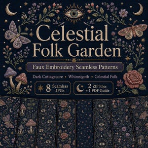 Pattern Seamless Celestial Folk Garden, 8 Carte Digitali JPG Effetto Ricamo, 300 DPI