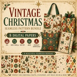 Bundle Pattern Natale Seamless, 8 Carte Digitali Vintage JPG, Babbo Natale Renne Addobbi, Uso Commerciale