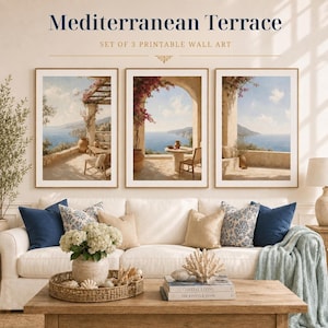 Set 3 Stampe Mediterranee, Arte Costiera Italiana, Terrazza sul Mare, Decorazione Mediterranea, Download Digitale