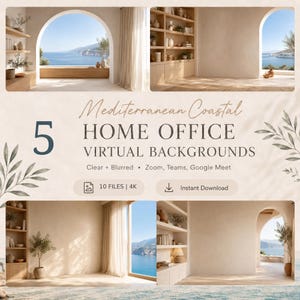 Virtuelle Hintergründe mit mediterranem Küstenflair und Stickerei-Optik, 5 klare + unscharfe 4K-Versionen