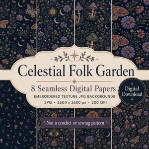 Pattern Seamless Celestial Folk Garden, 8 Carte Digitali JPG Effetto Ricamo, 300 DPI