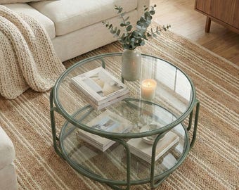 Moderne ronde salontafel, 2-laags tafel van gehard glas, woonkamermeubels met metalen frame