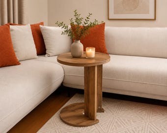 Round Wood Look Side Table, Modern Minimalist Accent Sofa Table