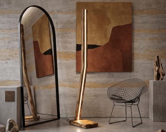 Lámpara de pie de madera quemada, luz de pie LED de 170 cm, decoración moderna de mediados de siglo para el hogar.