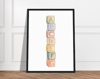 Arte mural moderno en madera: póster minimalista con bloques ABC, listo para colgar. Decoración para el hogar.