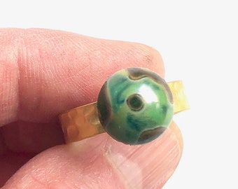 Super Cute Combat Green Camouflage Ring made with 1950s Glass Cabochon