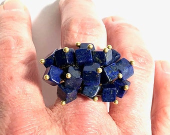 Lovely Abstract Deep Blue Gemstone Cocktail Ring with Lapis Lazuli Box Beads and Adjustable Brass Base