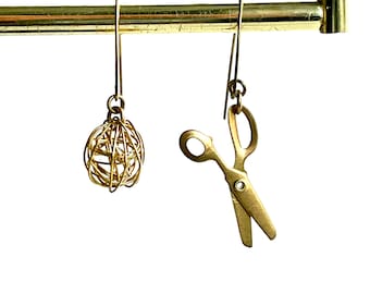 Crafty Scissors and Yarn Drop Earrings with Mismatched Brass Charms