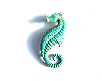 Beautiful Verdigris Green Seahorse Brooch with Brass Stamping