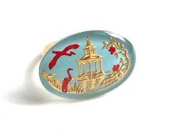 Lovely Light Blue Red and Gold 1940s Oval  Intaglio Glass Ring