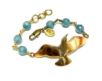 Gorgeous Seagull Bracelet with Denim Blue Jade Beads and Brass Stampings Antique Silver or Brass Finish