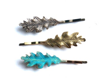 Oak Leaf Hair Grips/Bobby pins in Antique Gold Oxidised Brass and Verdigris Finishes