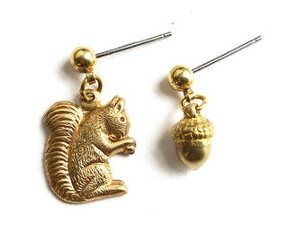 Adorable Golden Brass Squirrel and Acorn Mismatched Earrings