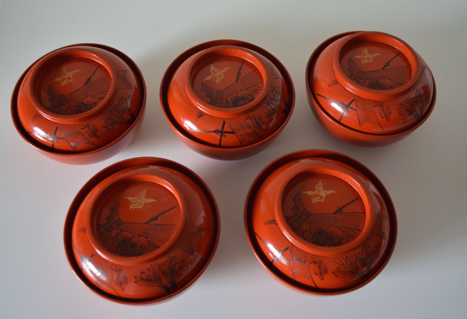 Set of 5 Japanese lacquerware bowls with lids hand painted Etsy