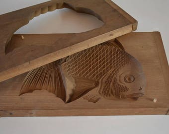 Kashigata sweets mold, very large, hand carved, antique Japanese kashigata 'tai' fish