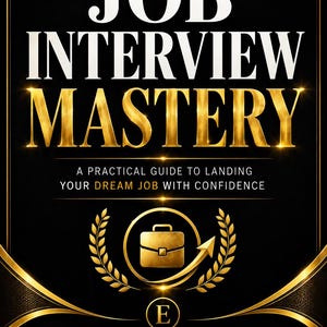 May include: A black book cover titled JOB INTERVIEW MASTERY in large white and gold lettering. It features a gold briefcase icon inside a laurel wreath, the text EVERGREENLINE, and the phrases PRACTICAL STRATEGIES. REAL CONFIDENCE. BETTER RESULTS. and A PRACTICAL GUIDE TO LANDING YOUR DREAM JOB WITH CONFIDENCE and YOUR GROWTH STARTS HERE.