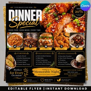May include: A restaurant dinner special flyer featuring a large image of glazed chicken, followed by smaller photos of pasta, BBQ, burgers, seafood, and dessert. The text includes menu categories like starters, main courses, and sweet endings.